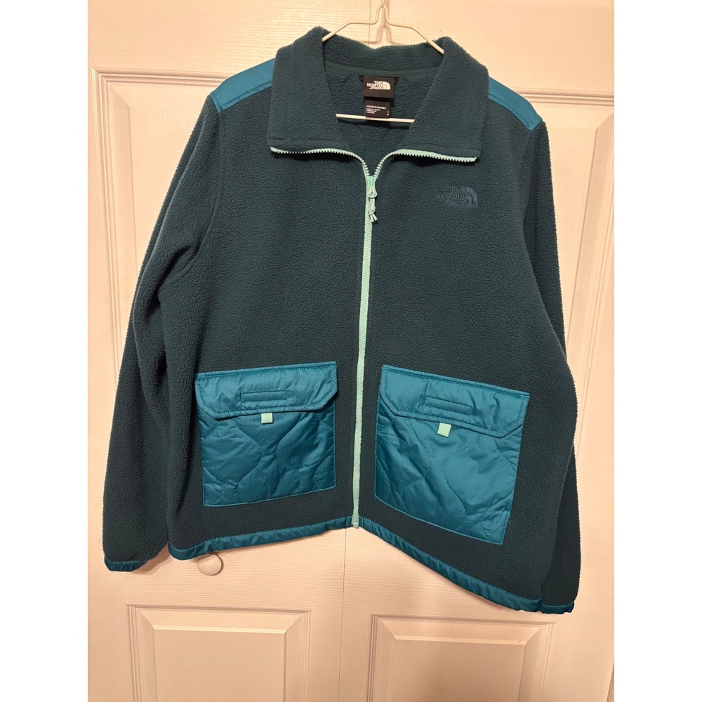 The North Face Womens Teal Quilted Pocket Full Zip Fleece Jacket Size Large